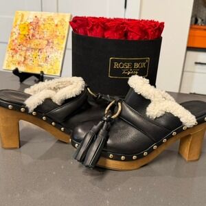 Ulla Johnson Vera shearling tassel clogs black leather EU 36 boho luxe rare